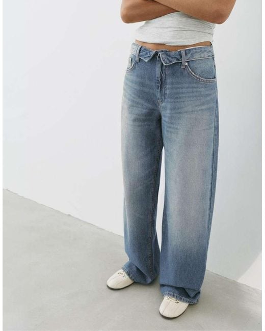 Pull&Bear Blue Relaxed Baggy Jeans With Turn-Up Waist