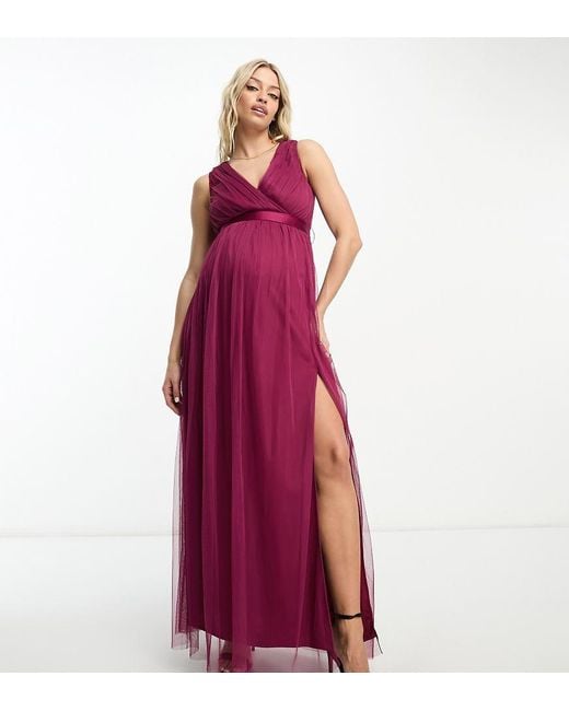 Anaya Maternity Purple Wrap Front Maxi Tulle Dress