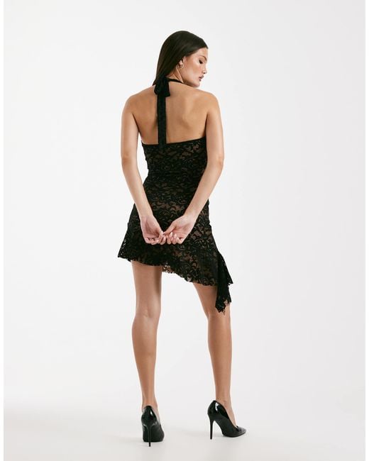 I.AM.GIA Black Gemma Lace Halterneck Ruffle Asymmetric Hem Mini Dress