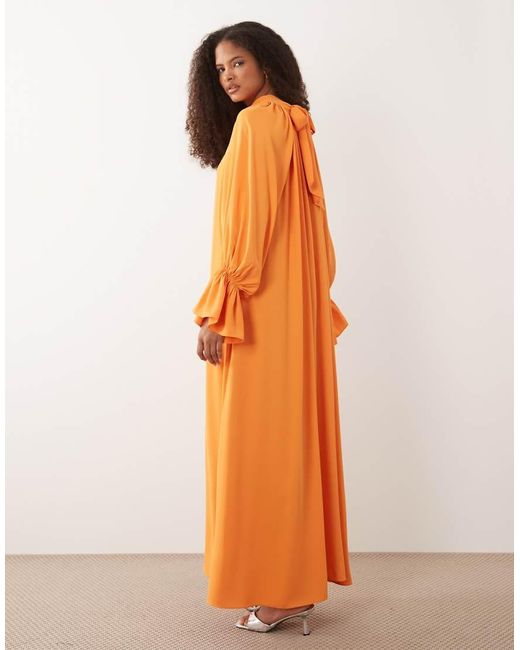 Iyal Orange High Neck Cuff Sleeve Detail Maxi Dress