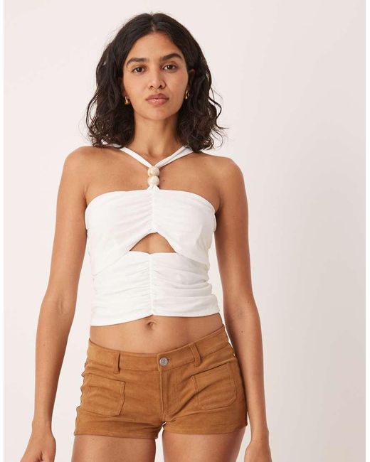 ASOS Brown Slinky Cut Out Halterneck Top With Bead Detail