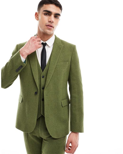 ASOS Wedding – eng geschnittene anzugjacke mit khaki fischgrätmuster in Green für Herren