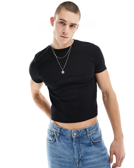 ASOS Black Muscle Fit Cropped Ribbed T-shirt With Crew Neck for men