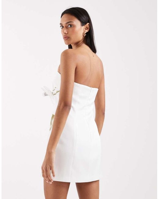 JW PEI White Bandeau 3D Orchid Floral Printed Applique Tailored Mini Dress