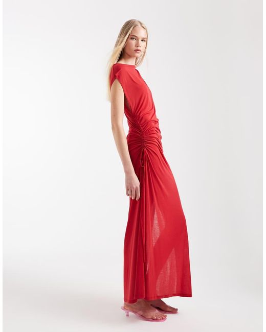 Weekday Red Sheer Maxi Dress With Gathe Seams And Side Slits