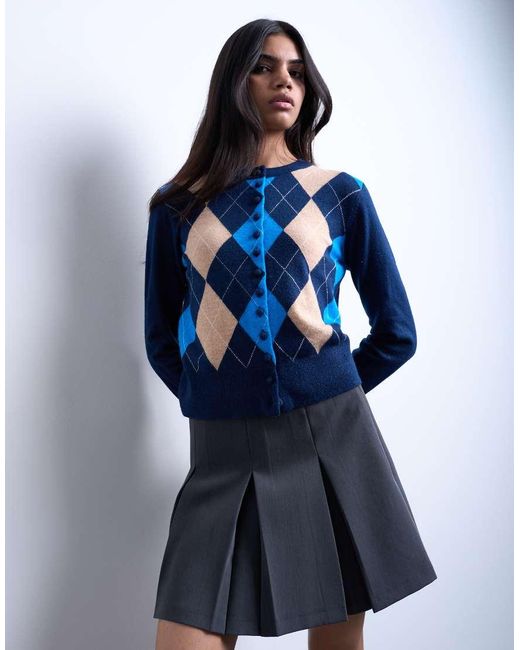 TOPSHOP Blue Knitted Fine Argyle Cardigan