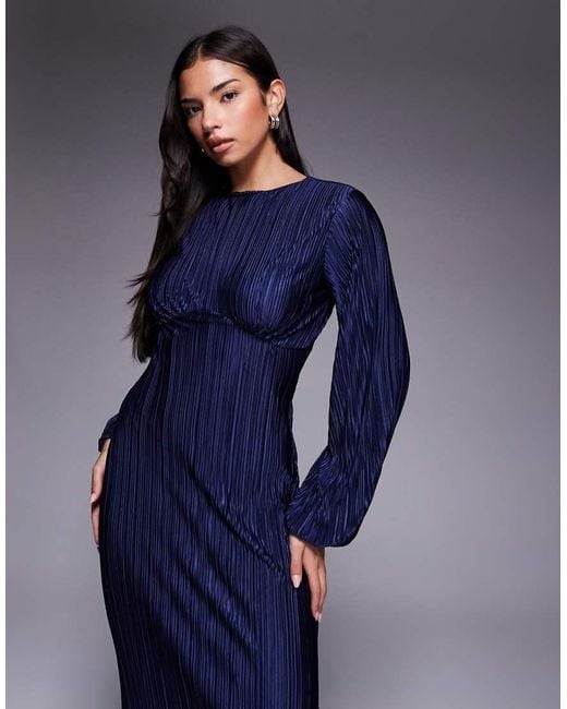 ASOS Blue Plisse Long Puff Sleeve Maxi Dress
