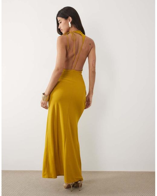 ASOS Metallic Ruched Waist High Neck Maxi Dress With Open Back