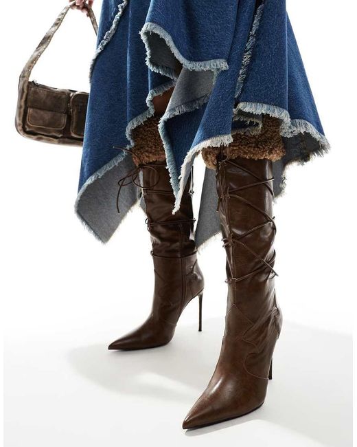 Public Desire Blue Crusader Fur Trim Pointed Knee Boots
