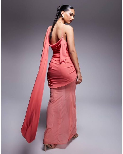ASOS Red Asymmetric Slinky Ruched Maxi Dress With Sheer Skirt