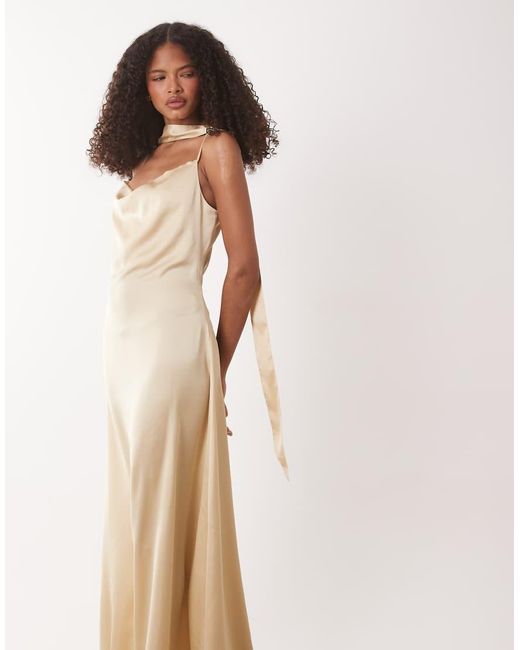 Jdy Natural Cowl Neck Satin Maxi Dress With Open Back And Scarf