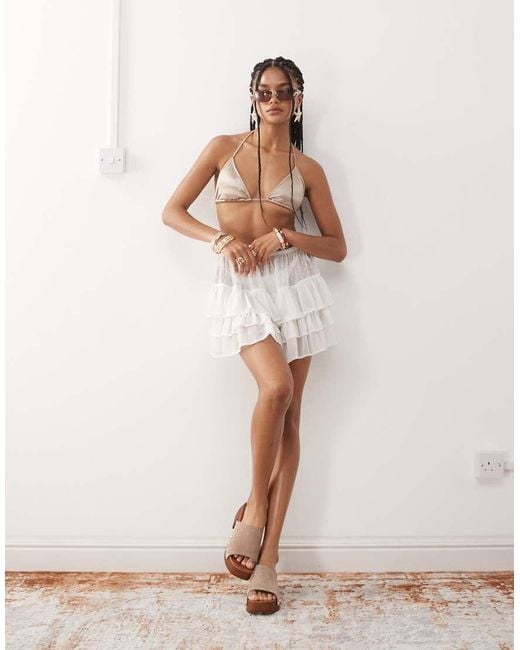 Miss Selfridge White Beach Sheer Contrast Textured Chiffon Frill Mini Shorts