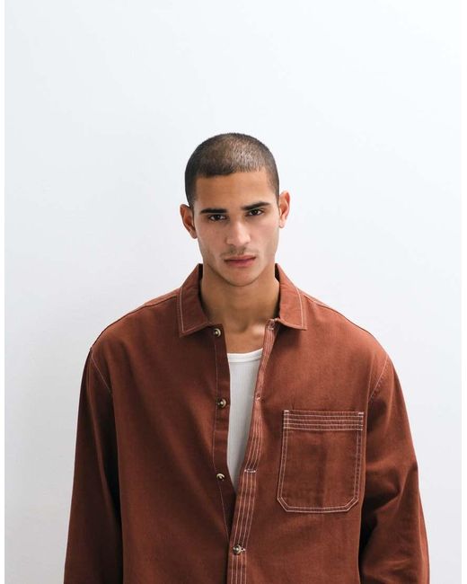 ASOS Brown Boxy Oversized Cotton Twill Shirt With Contrast Stitch for men