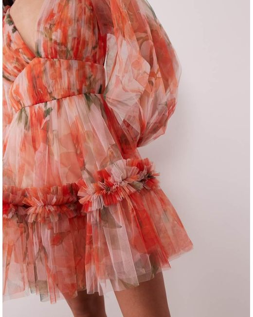 LACE & BEADS Orange Organza V-neck Balloon Sleeve Mini Dress