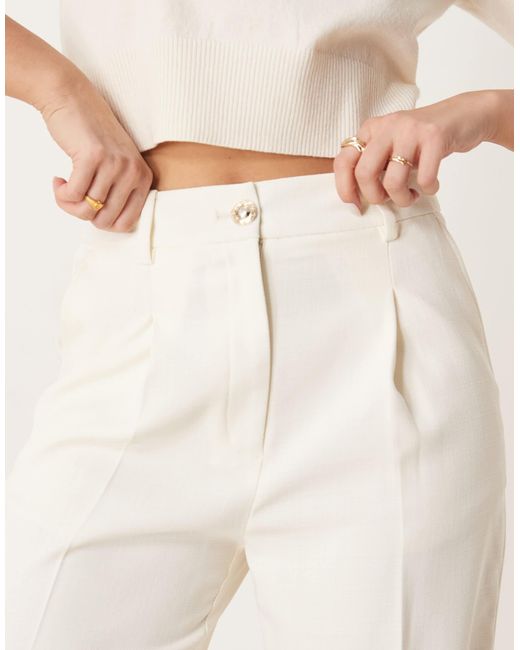 ASOS Natural Tailored Straight Leg Pants With Gold Button Detail