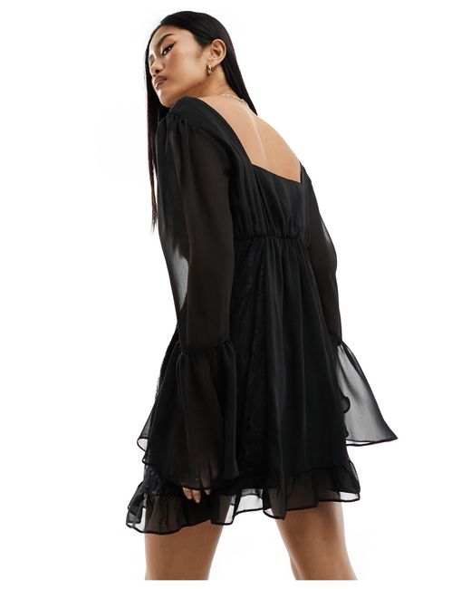 Miss Selfridge Black Chiffon Lace Mix Tie Front Mini Dress