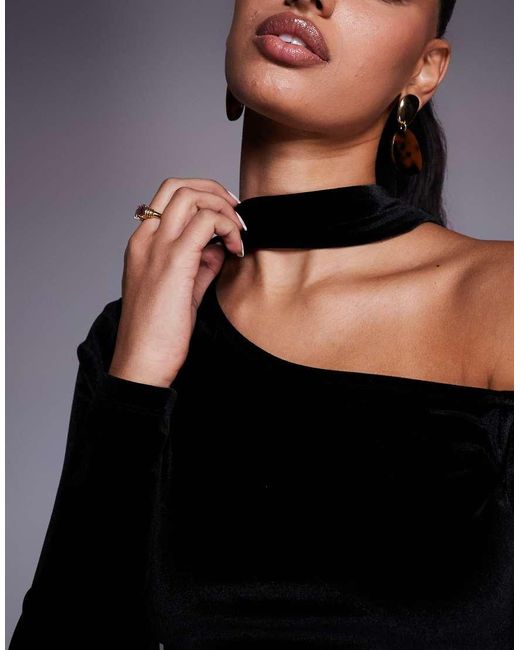 ASOS Gray Velvet Long Sleeve Asymmetric Top With Scarf Detail
