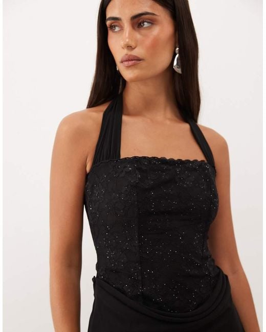 Oh Polly Natural Chiffon Halter Neck Embellished Lace Corset Mini Dress