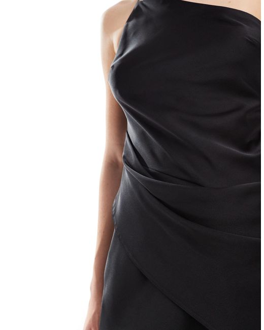 ASOS Black Satin One Shoulder Draped Mini Dress