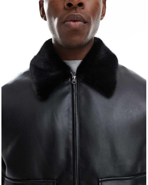 Chaqueta Bomber Negra De Cuero Sintético Con Solapas De Piel Sintética De ASOS de hombre de color Black