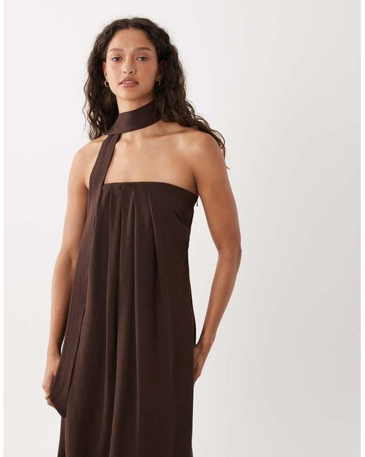 ASOS Natural Bandeua Pleated Trapeze Midi Dress With Scarf Detail
