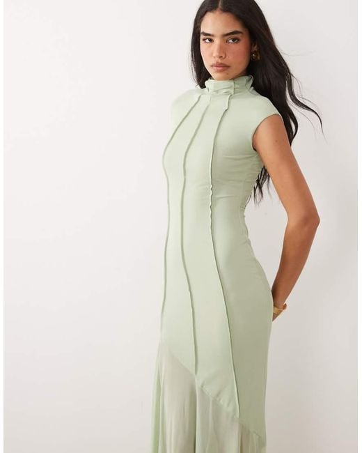 ASOS Green Mesh High Neck Maxi Dress With Exposed Contour Seam Detail