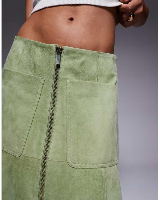 Falda De Tubo Midi Con Cremallera En La Parte Delantera De Ante Auténtico De ASOS de color Green