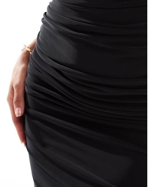 Kaiia Black Exclusive Double Layered Slinky High Neck Cap Sleeve Bodycon Maxi Dress