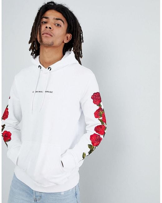 Criminal Damage Hoodie In White With Roses for men