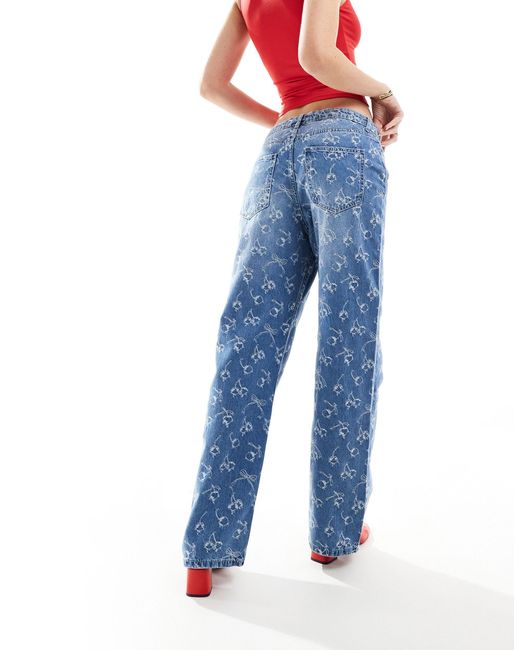 Bershka Blue Cherry Bow Embroidered Wide Leg Jeans