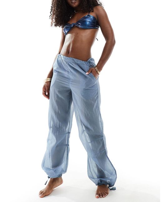 Aria Cove Blue Sheer Beach Trousers With Adjustable Sides Co-ord