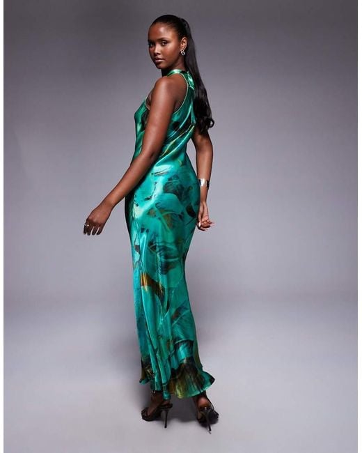 River Island Satijnen Maxi Jurk Met Halternek in het Green