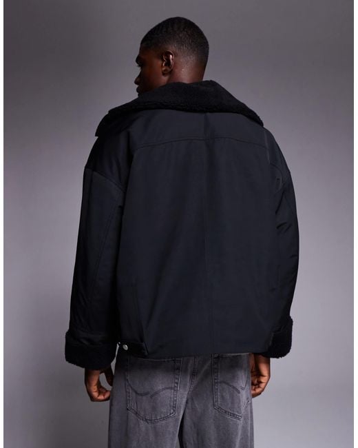 ASOS Gray Oversized Padded Jacket With Borg Lining for men