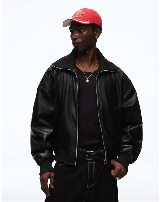 Bershka Black Faux Leather Rib Bomber Jacket for men