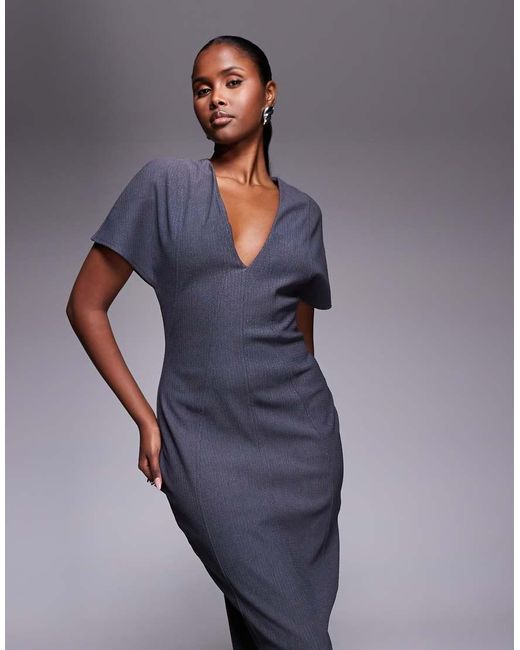 ASOS Blue Structured Short Sleeve V Neck Seamed Midi Dress