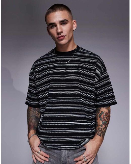 T-Shirt Oversize Squadrata Pesante Nera Testurizzata A Righe di ASOS in Gray da Uomo