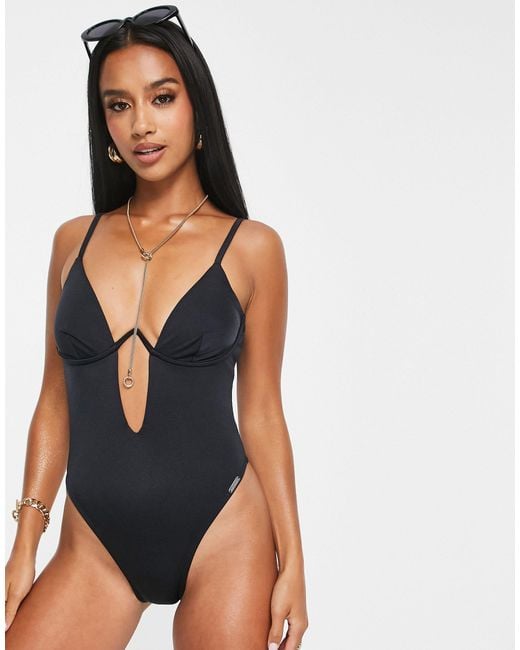 Free Society Petite Monowire Swimsuit With Deep Plunge Cut Out