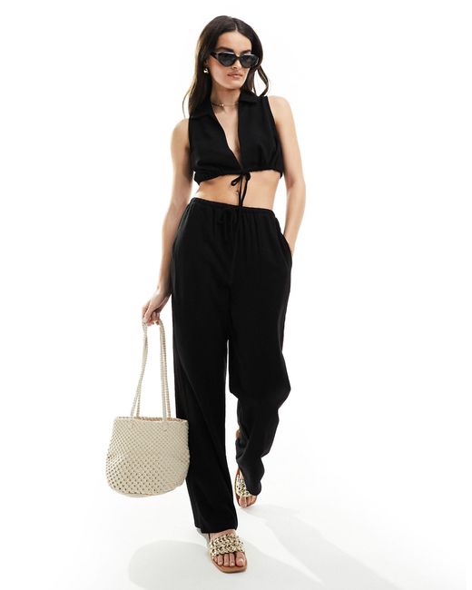 4th & Reckless Black Cropped Tie Front Linen Beach Top Co-ord