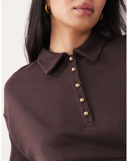 ASOS Brown Interlock Long Sleeve Cinched Waist Button Front Top