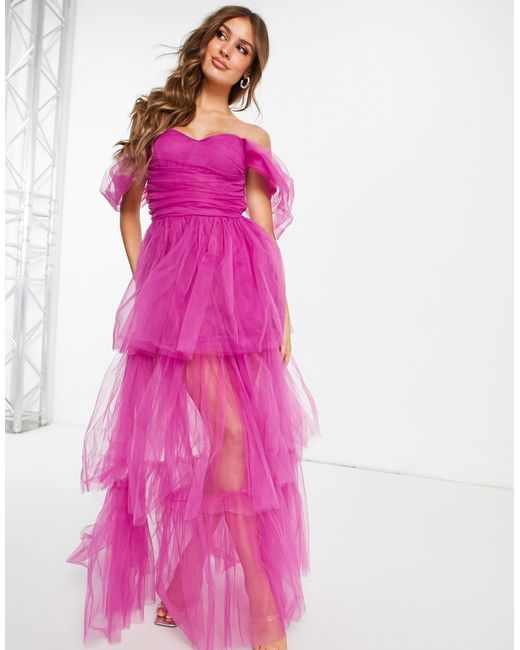 LACE & BEADS Purple Exclusive Off Shoulder Tulle Maxi Dress