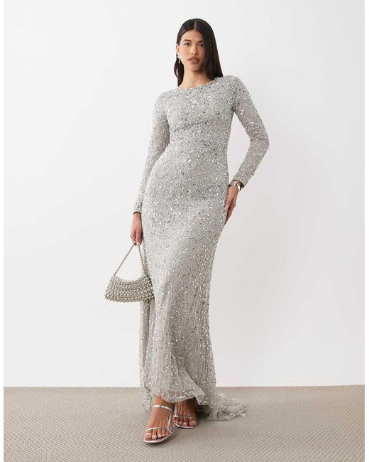 Beauut Gray Maisa Embellished Long Sleeve Maxi Dress