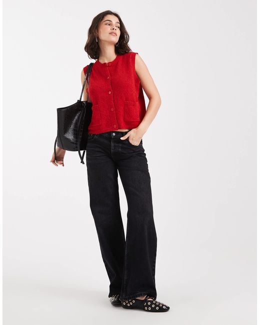 Pieces Red Button Front Knitted Vest