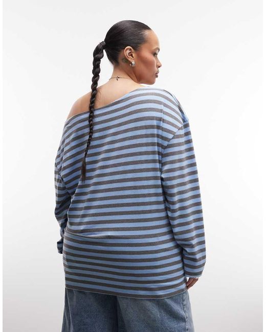 Collusion Blue Plus Long Sleeve Off The Shoulder Stipe Top