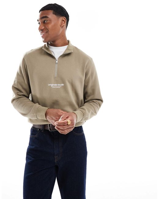 Jack & Jones Brown 1/4 Zip Sweat With Logo for men