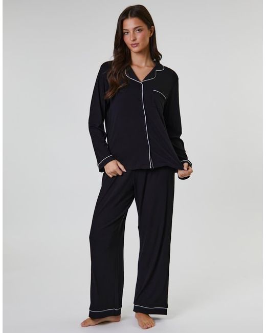 Loungeable Black Rib Long Sleeve Traditional Shirt And Long Pant