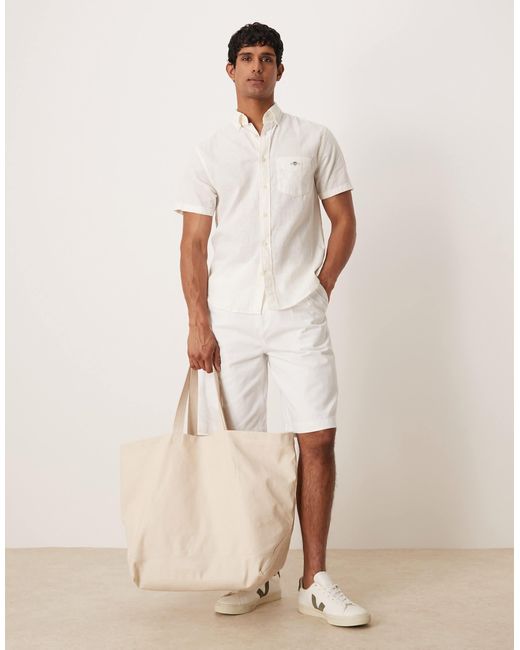 Chemise manches courtes à logo blason en coton et lin Gant pour homme en coloris White