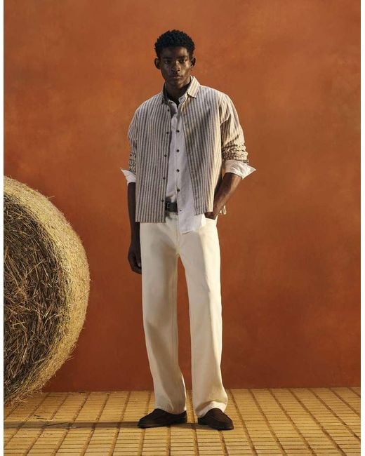 River Island Brown Linen Blend Stripe Shirt for men