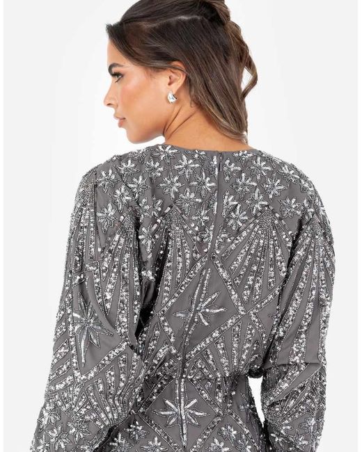 Maya Gray Fully Embellished Long Sleeve Maxi Dress