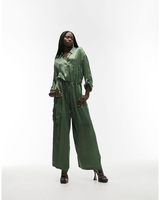 TOPSHOP Satin Button Down Jumpsuit in Green | Lyst