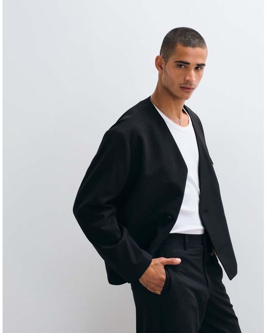 ASOS Blue Boxy Collarless Suit Jacket for men